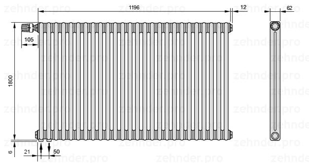 Схема (чертеж) Радиатор Zehnder Charleston 2180/26 №V001 Белый глянцевый RAL 9016